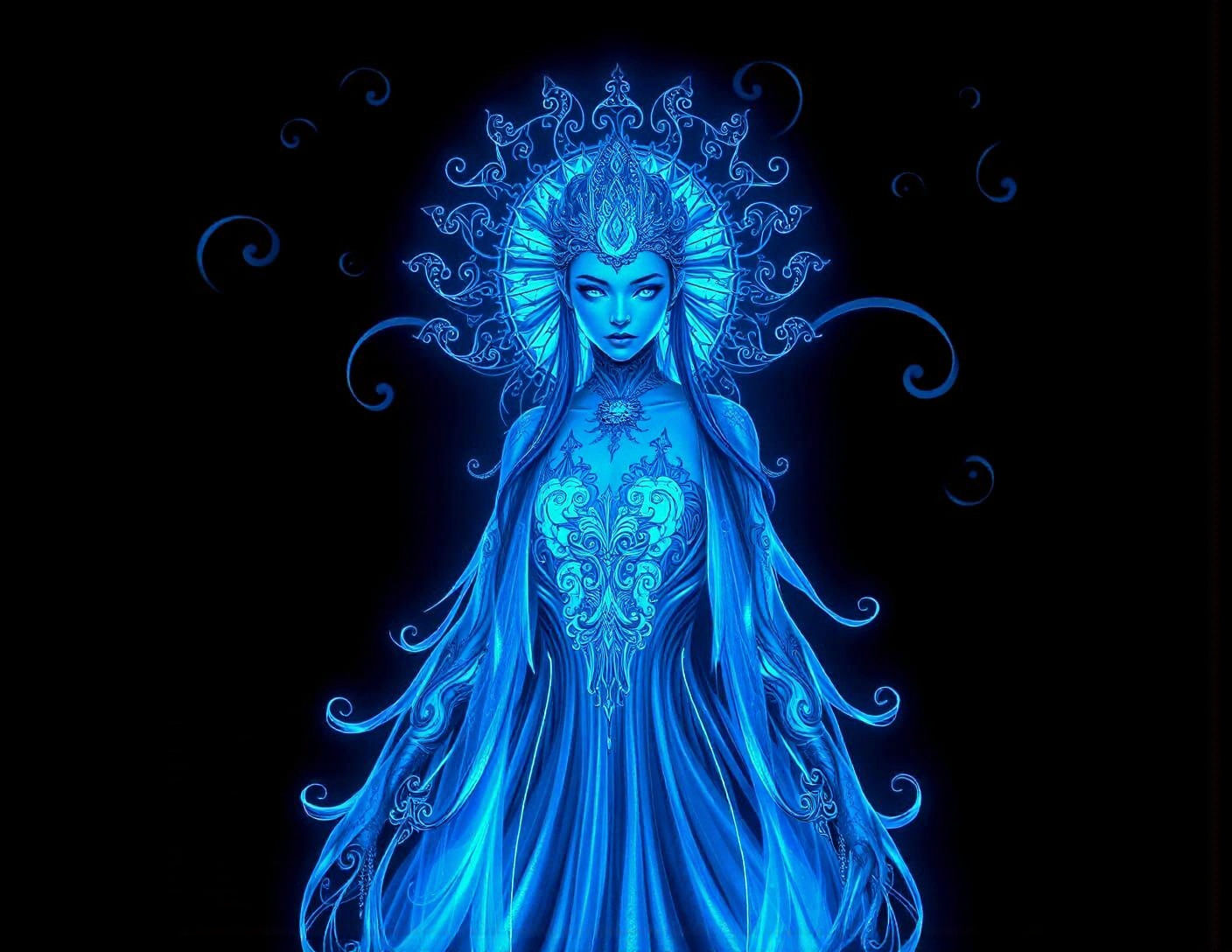 Ethereal Bioluminescent Maiden with Blue Filigree Designs