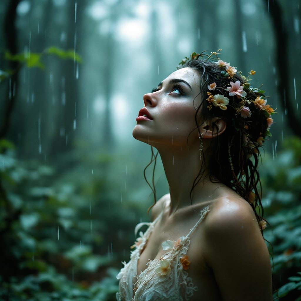 Ethereal Fairy in Rainy Forest Clearing