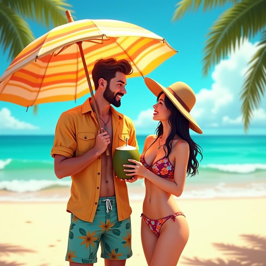 Couple Sharing Coconut on Sunny Brazilian Beach