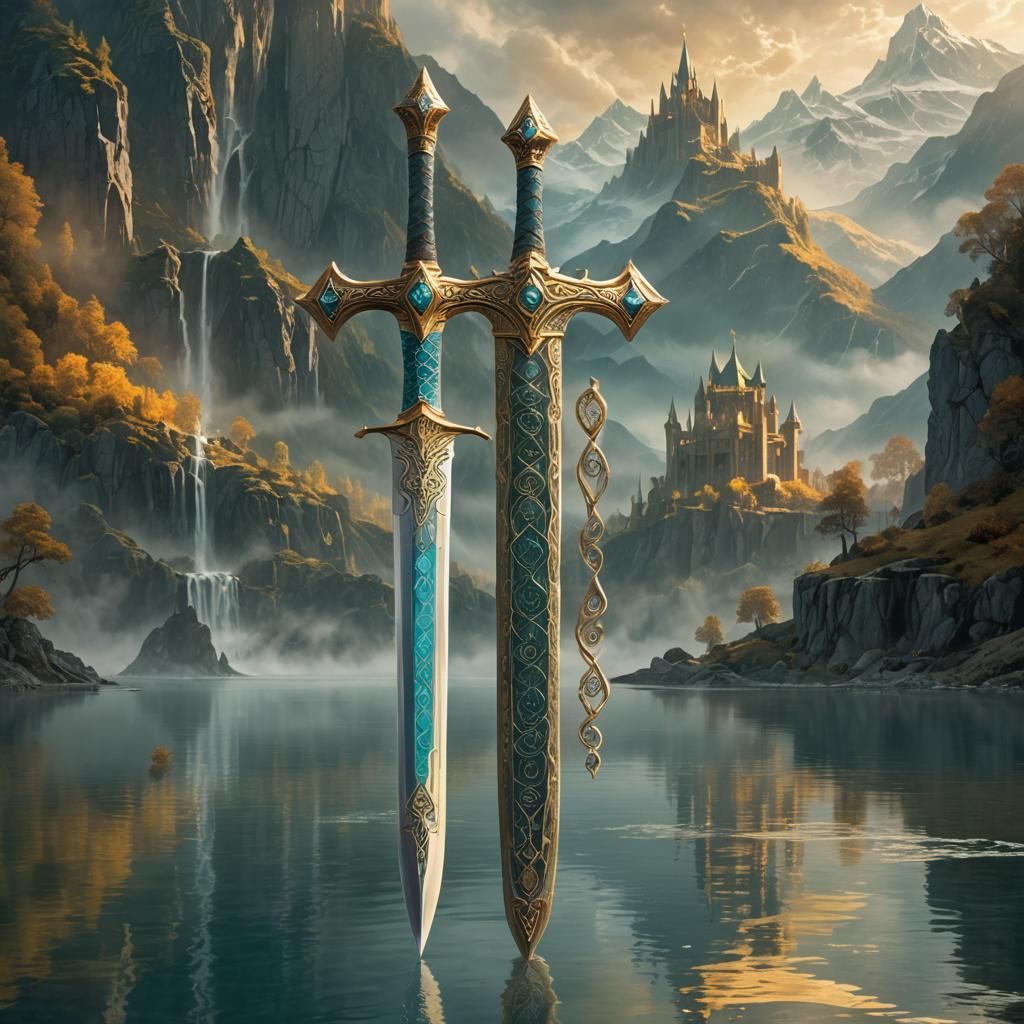 Excalibur in Misty Mountains: Fantasy Concept Art