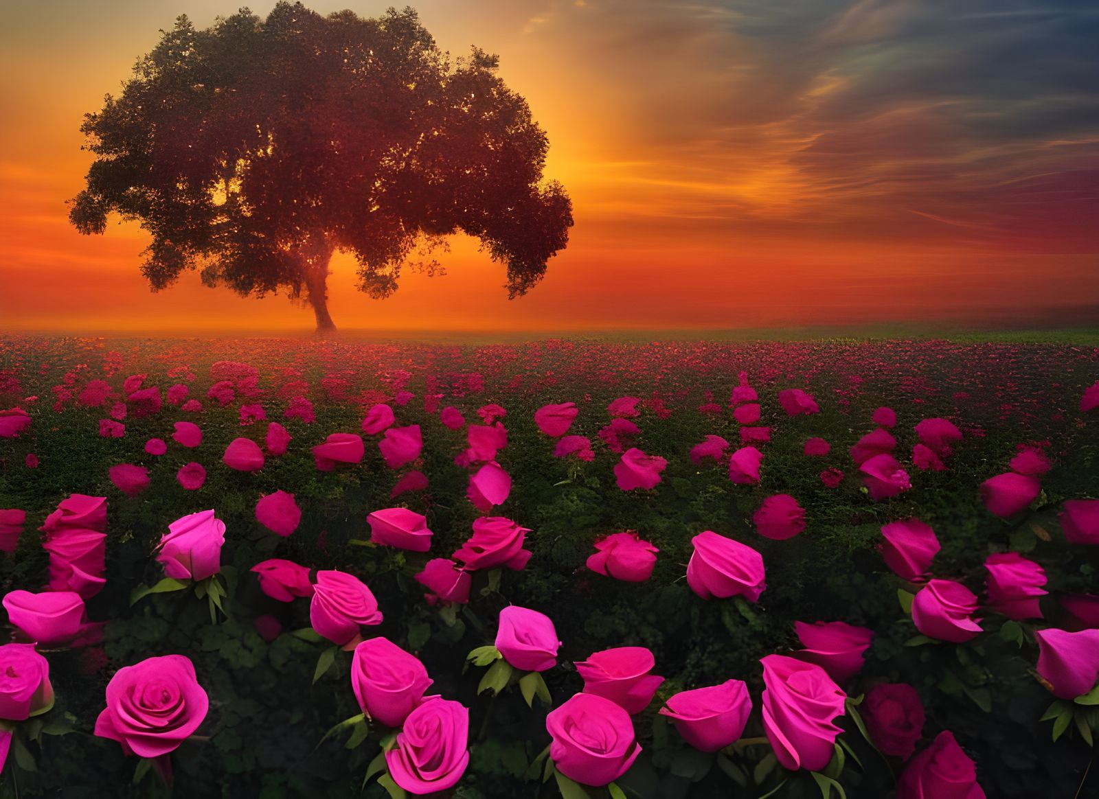 Magical Rose Field at Dusk