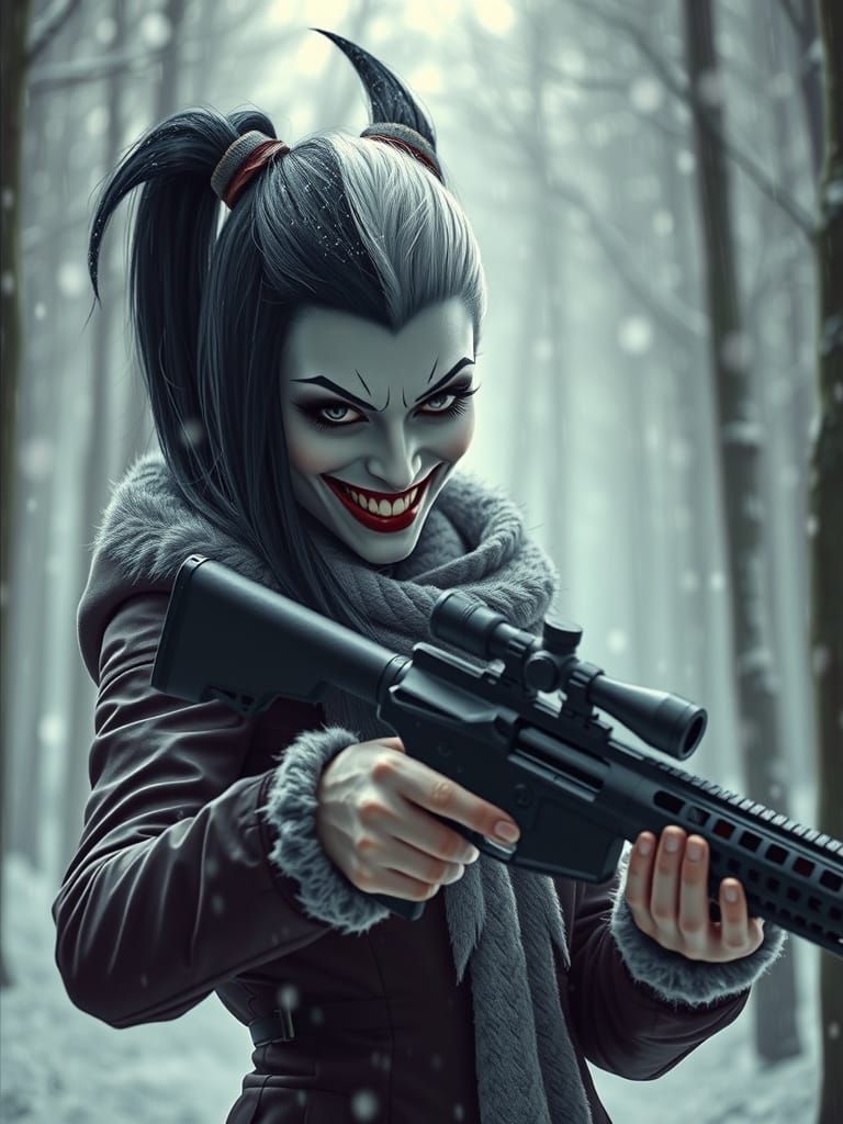 Cruella with Sniper Rifle in Winter Forest