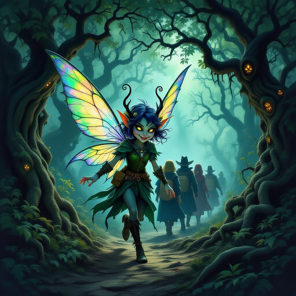 Mischievous Forest Sprite in Gothic Dark Fantasy Style