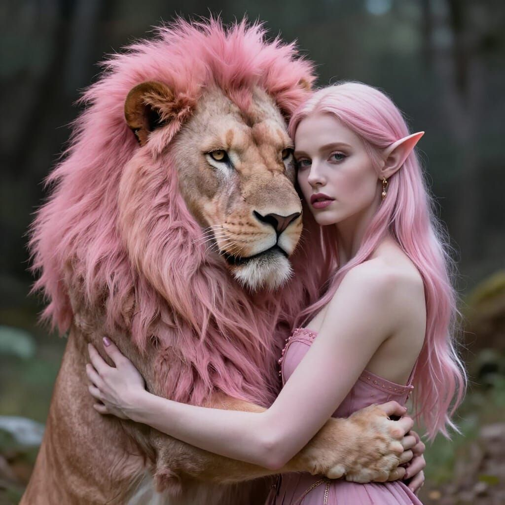 Elf Woman Hugs Pink Lion in Dramatic Style