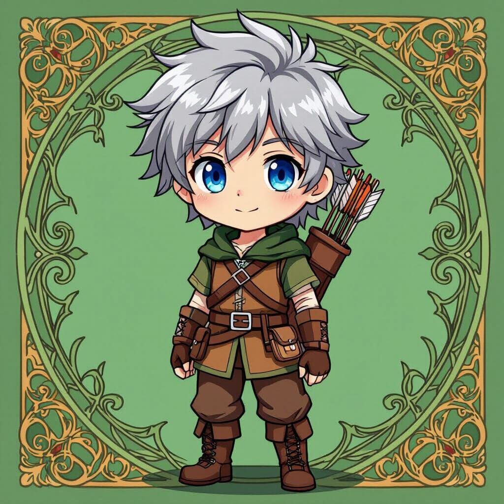 Chibi Hunter with Grey Hair in Art Nouveau Style
