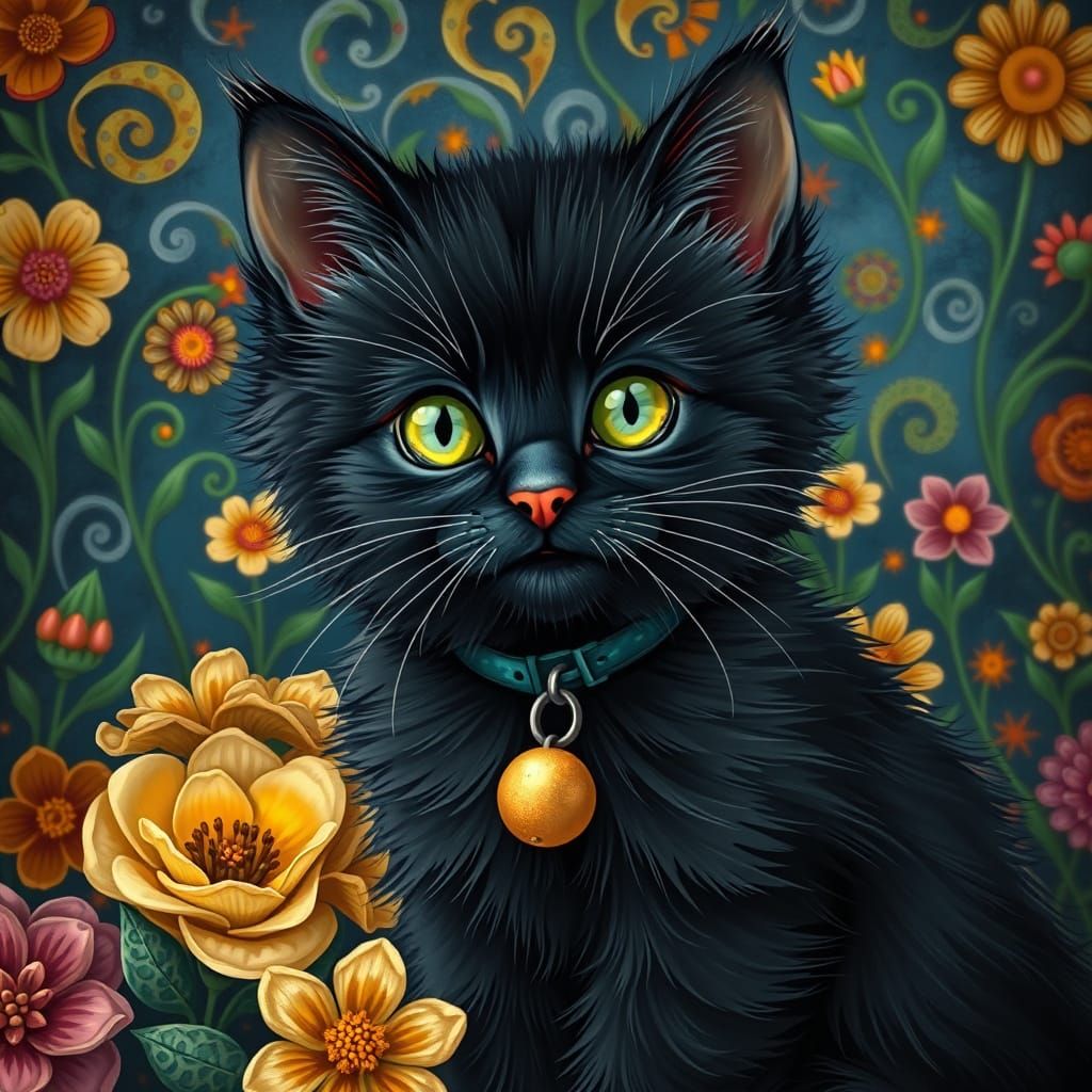 Fluffy Kitten in Klimt-Inspired Blooming Garden