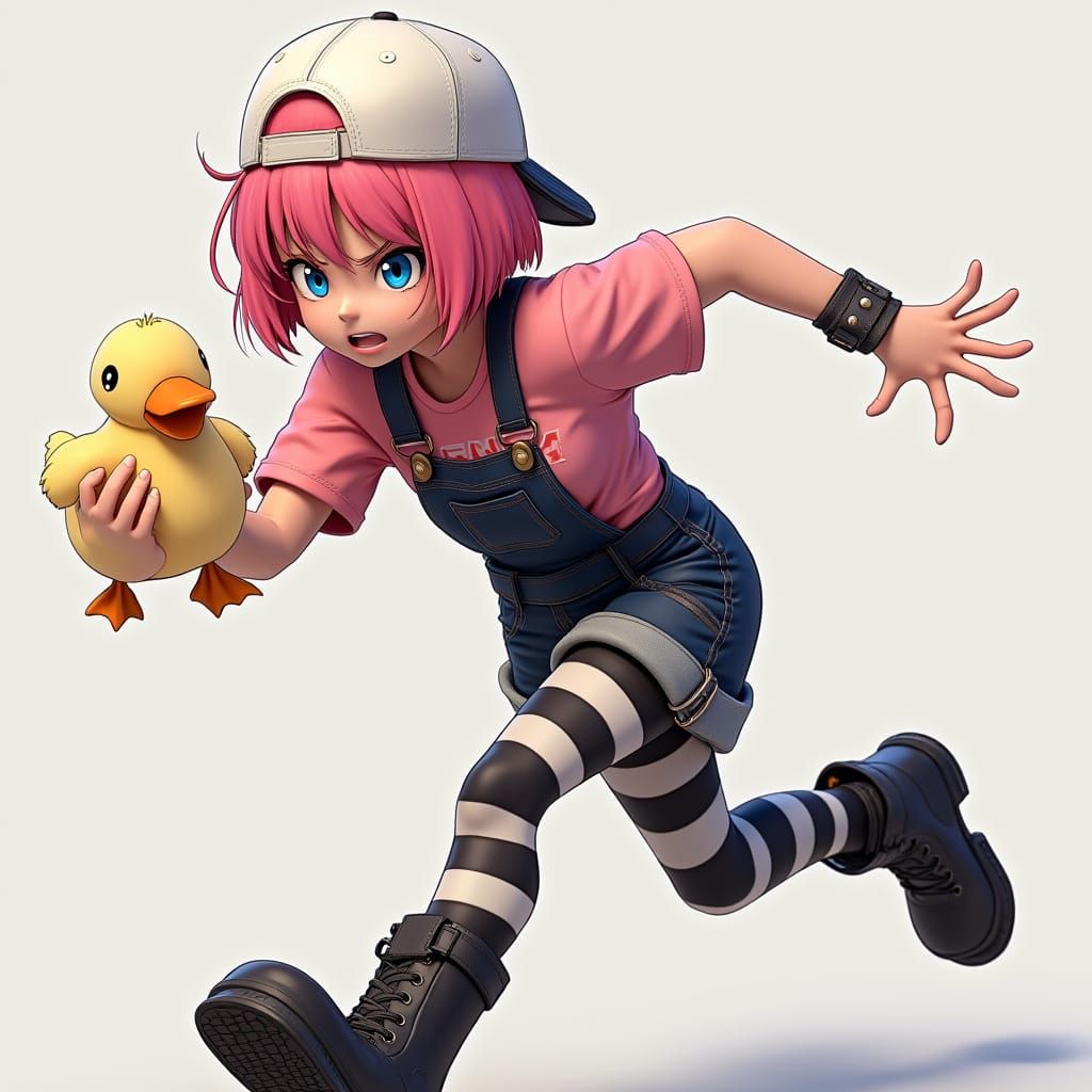Angry Anime Girl Runs with Fluffy Duck in Exaggerated Style