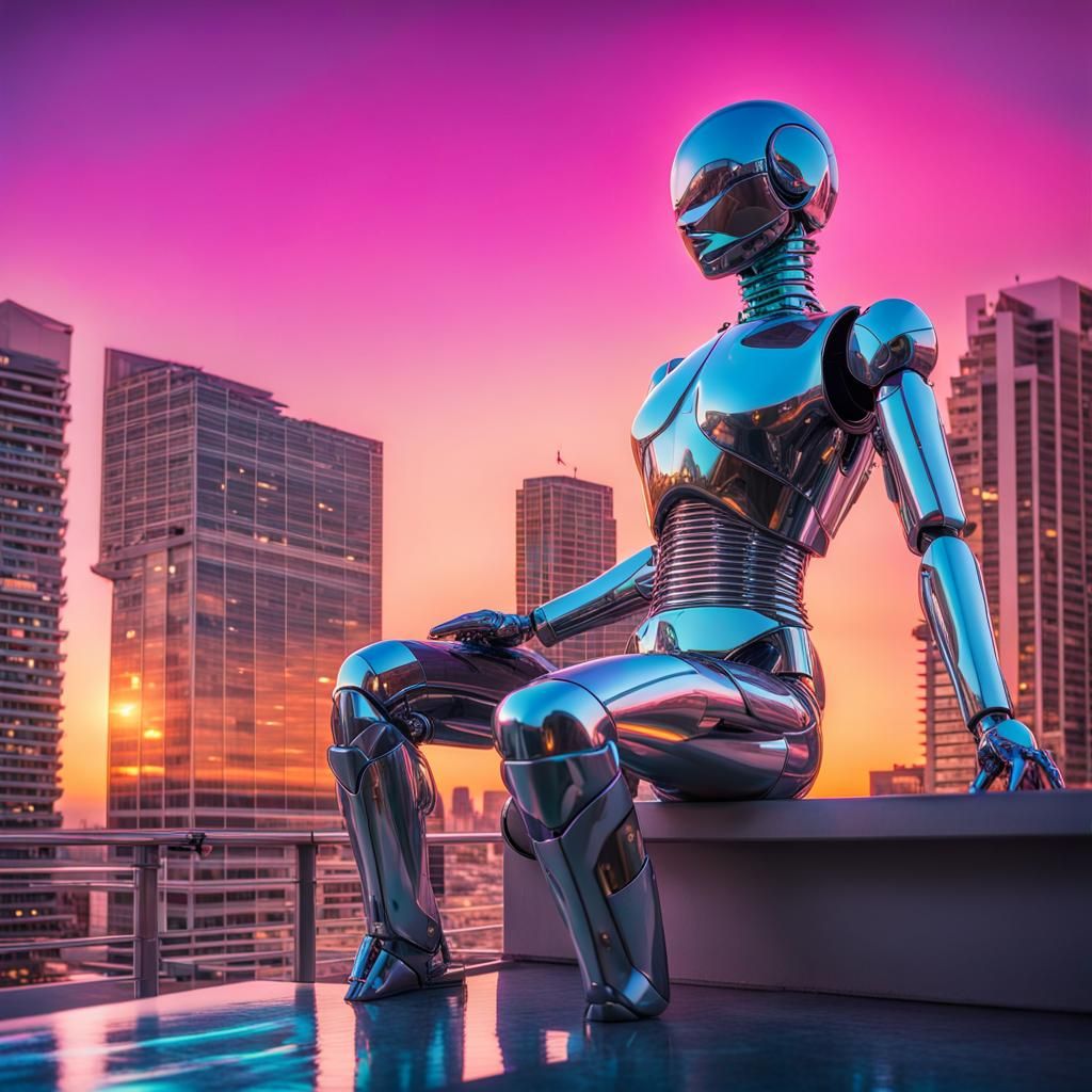 Hajime Sorayama Robot at Synthwave Sunset
