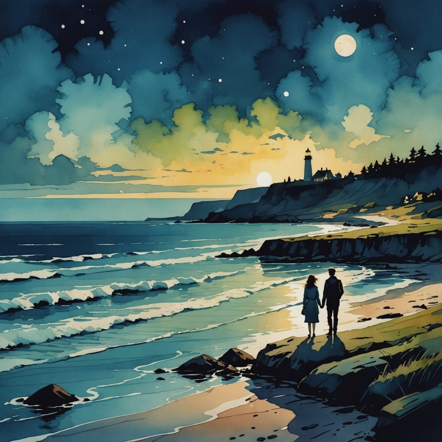 Night Seashore in Watercolor and Ink