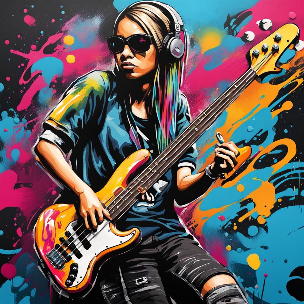 Girl Bass Player in Graffiti Splash Art
