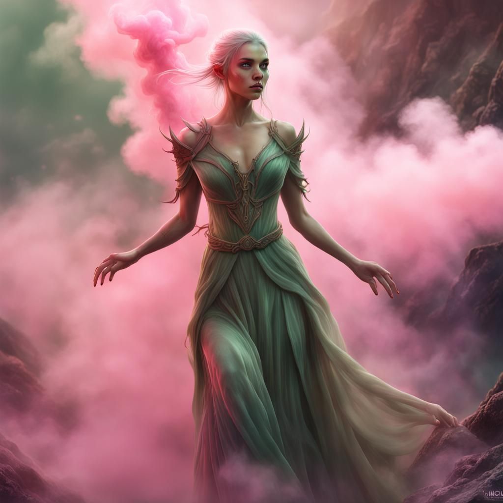 Mystical Elf Woman in Pink Smoke, Fantasy Art