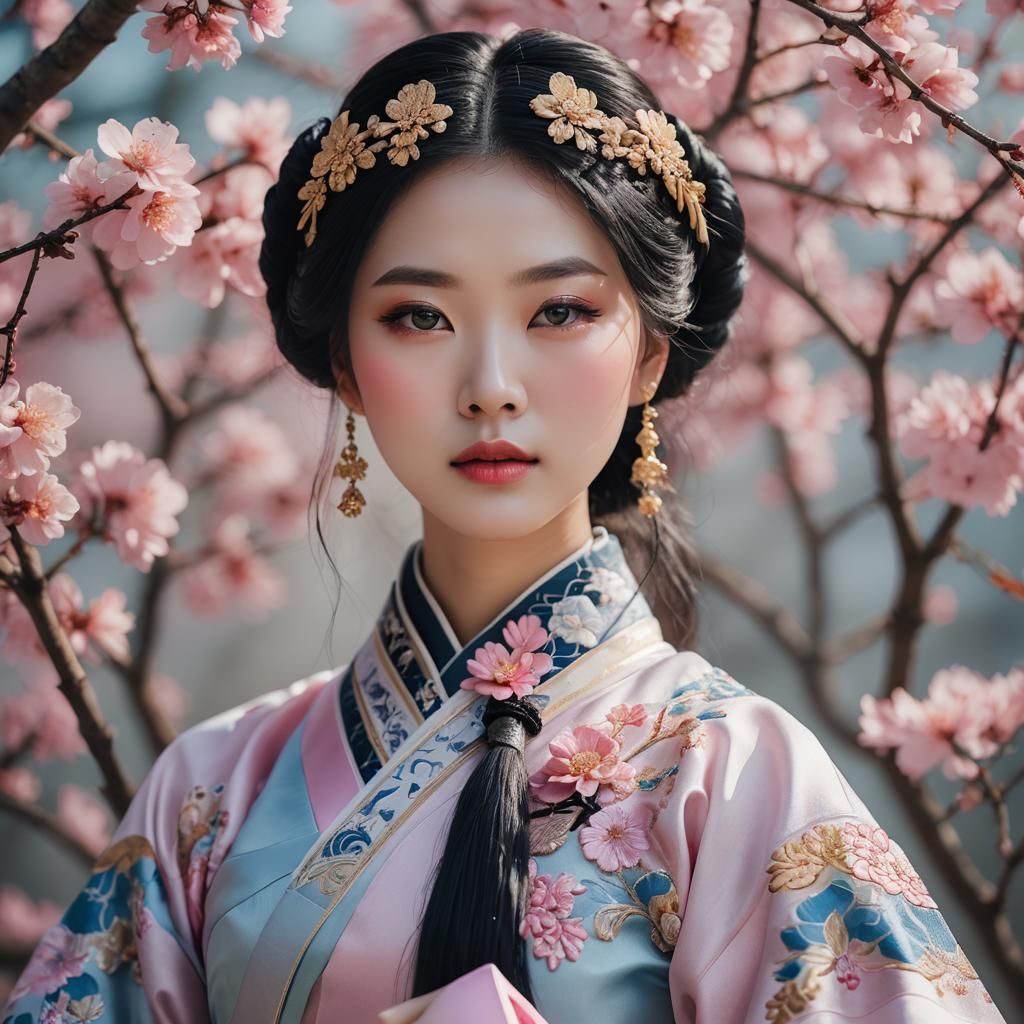 Korean Girl in Hanbok Dress: Surreal Portrait