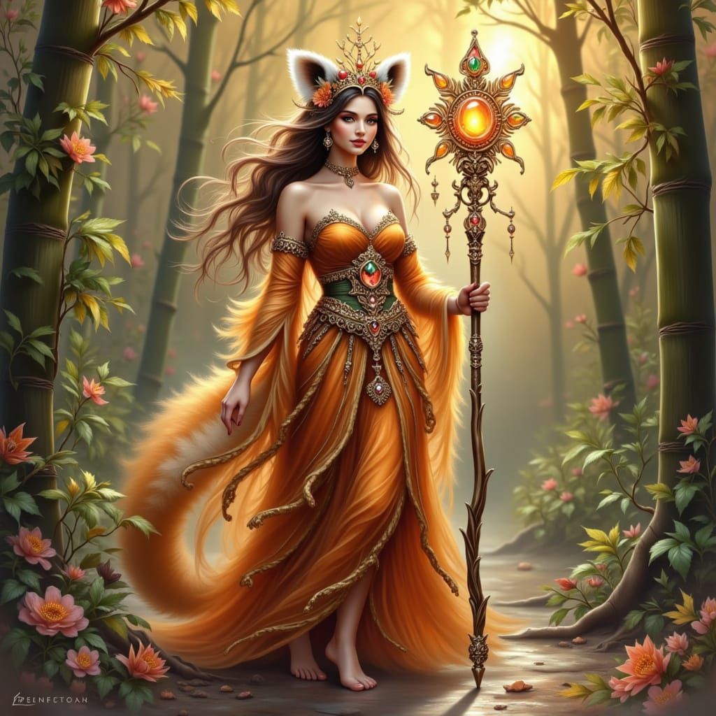 Red Panda Druid in Sunstone Headdress with Graced Staff
