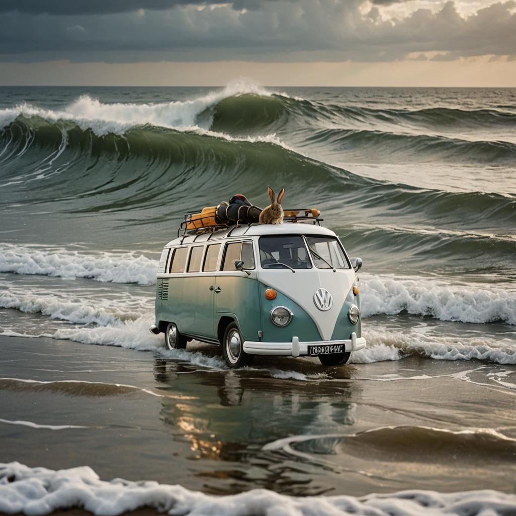Rabbit Surfing on VW Bus in Tidal Wave