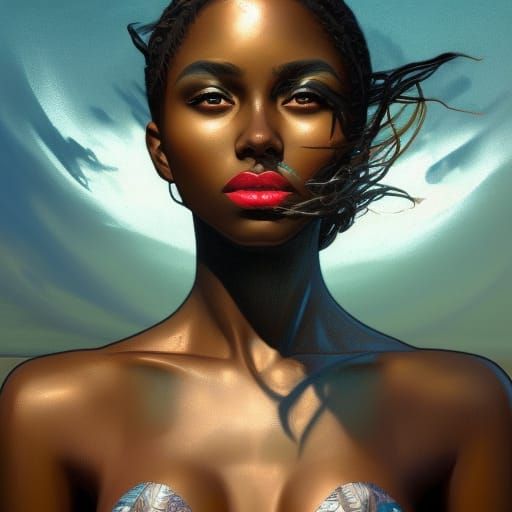 a bikini model black skin, green eyes, lipstick, on a beach seashore