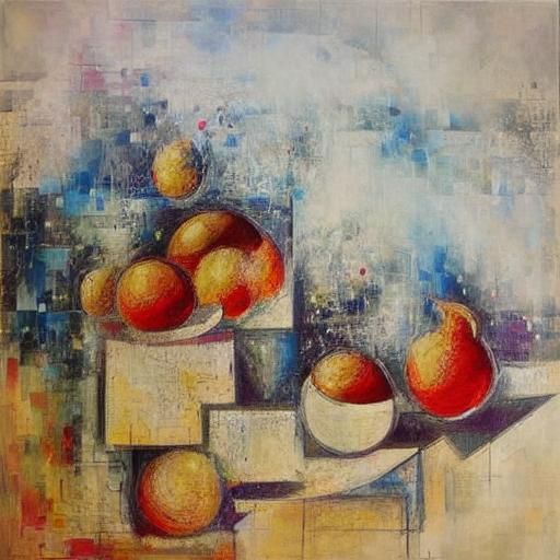 Cubist Pomegranates and Jug in Abstract Expressionism Style