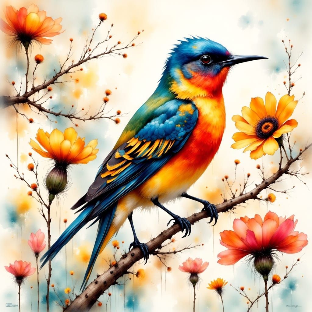 Vibrant Bird on Flowering Branch in Impressionist Style