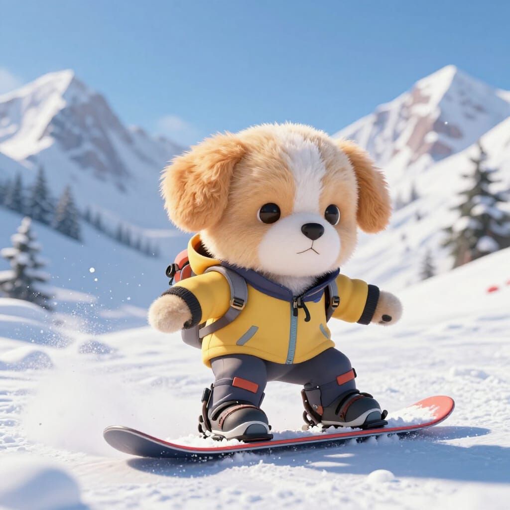 Adorable Puppy Snowboarding in Vibrant Anime Style