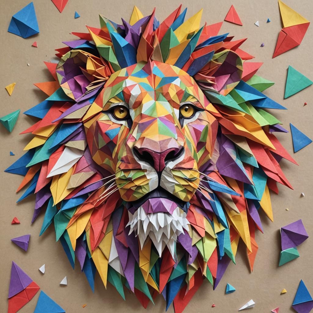 Rainbow Origami Lion: 3D Paper Craft Portrait