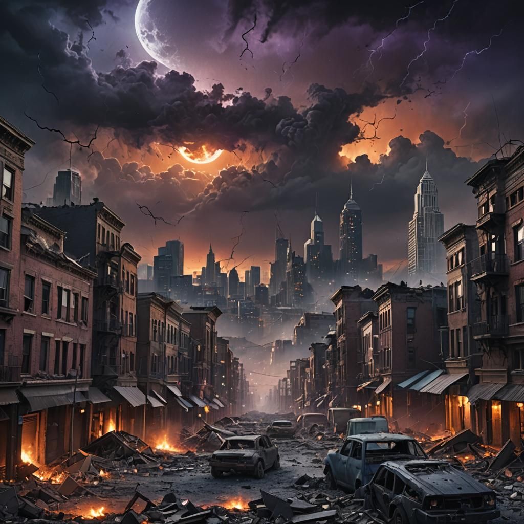 Black Moon Over Ravaged Cityscape in Dark Fantasy Style