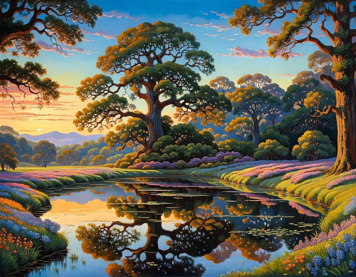 Serene Twilight Landscape with Reflective Pond