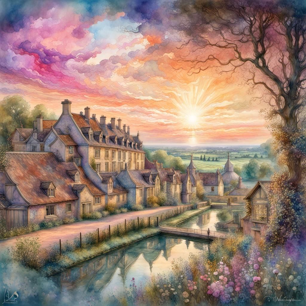 The Queen’s Hamlet, Versailles, in summer, sunset.