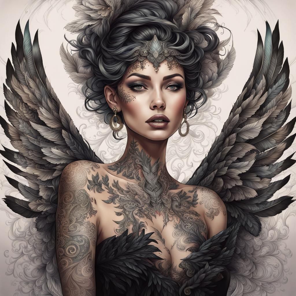 Mystic Woman with Bird Tattoos in Epic Colorscheme