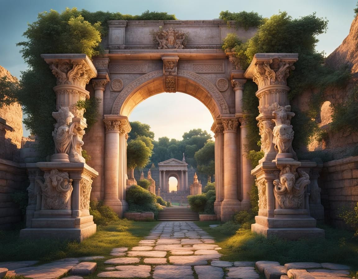 Majestic Ancient Roman City Gates at Magic Hour