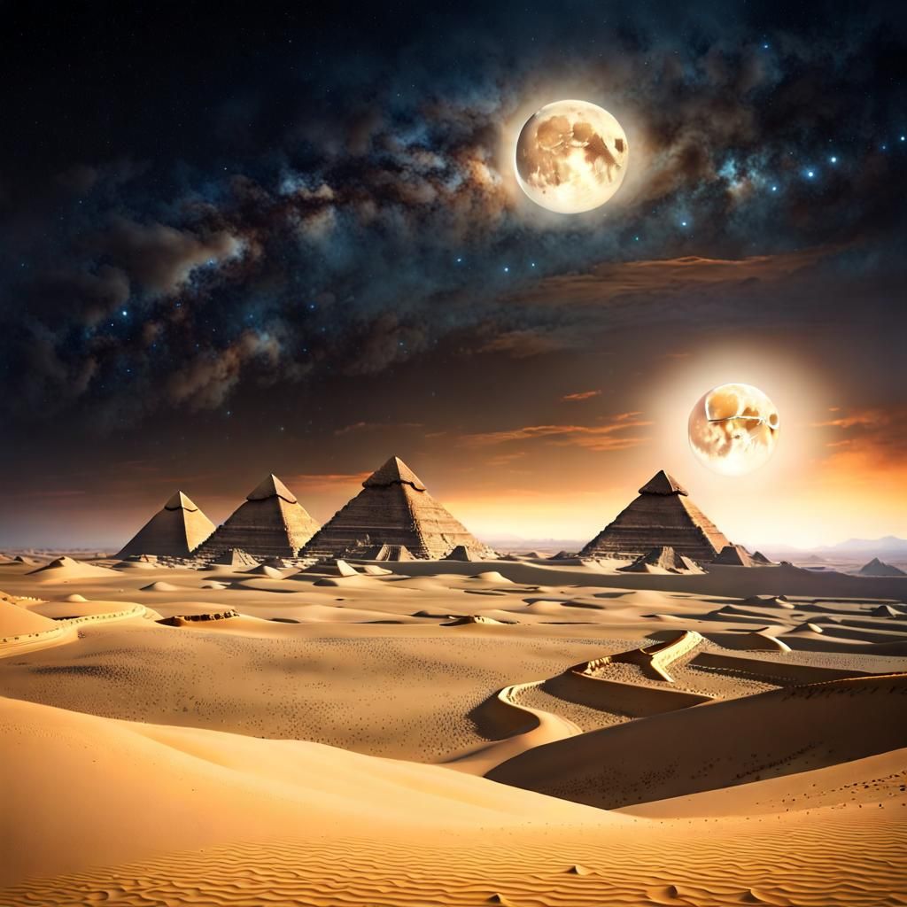 Giza Pyramids at Night with UFO, Digital Matte Painting