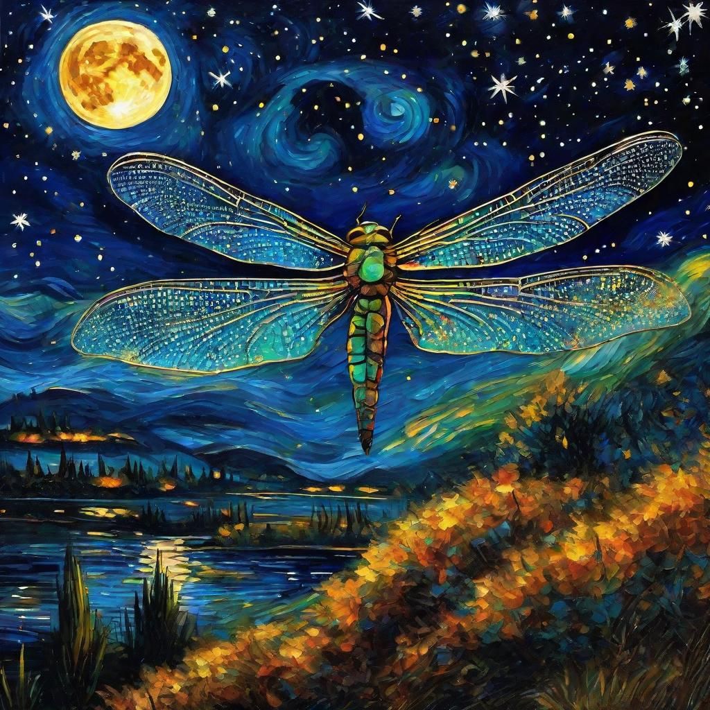 Dragonfly in Starry Night Sky: Van Gogh Style