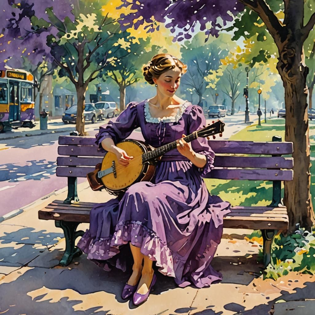 Woman Plays Banjo: Maximalist Impressionist Gouache Painting