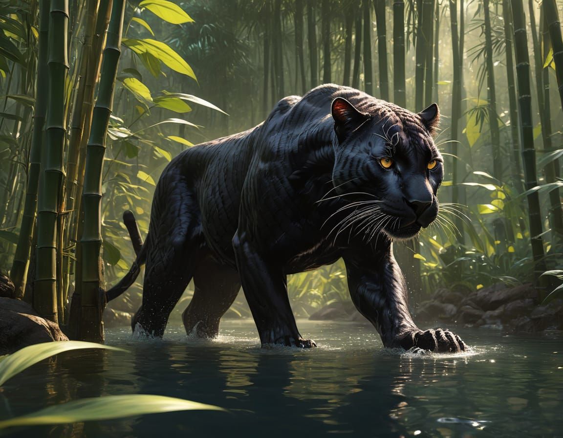 Black Panther Stalking Bamboo Forest at Sunset