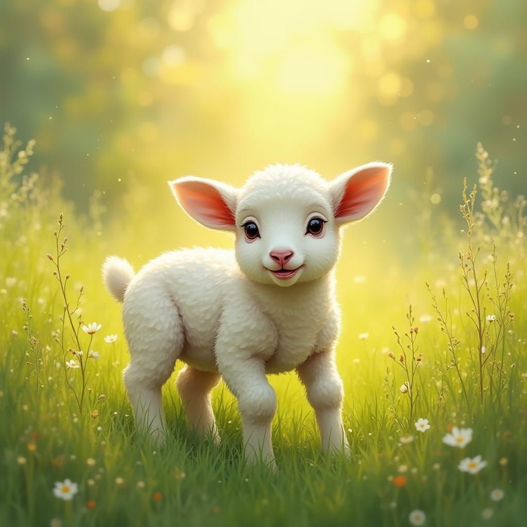 Frightened Lamb in Sunny Meadow as Whimsical Art