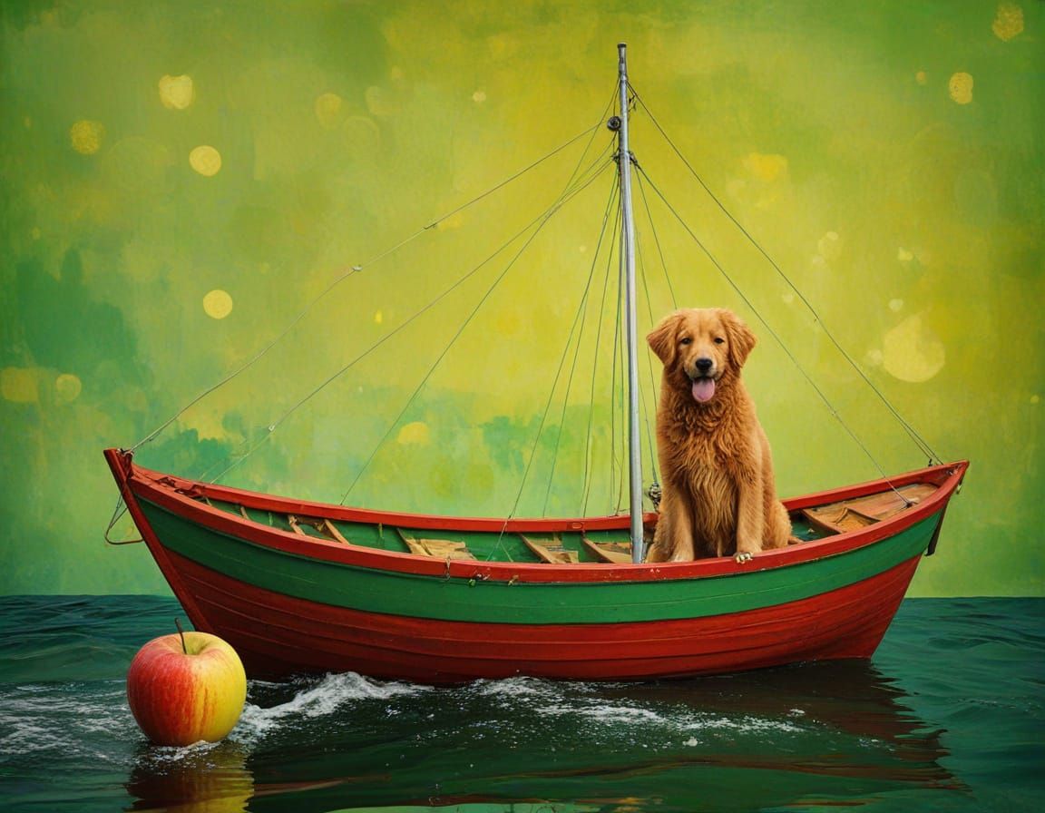 Vibrant Oil Painting of a Dog in a Boat, Inspired by Ciurlio...