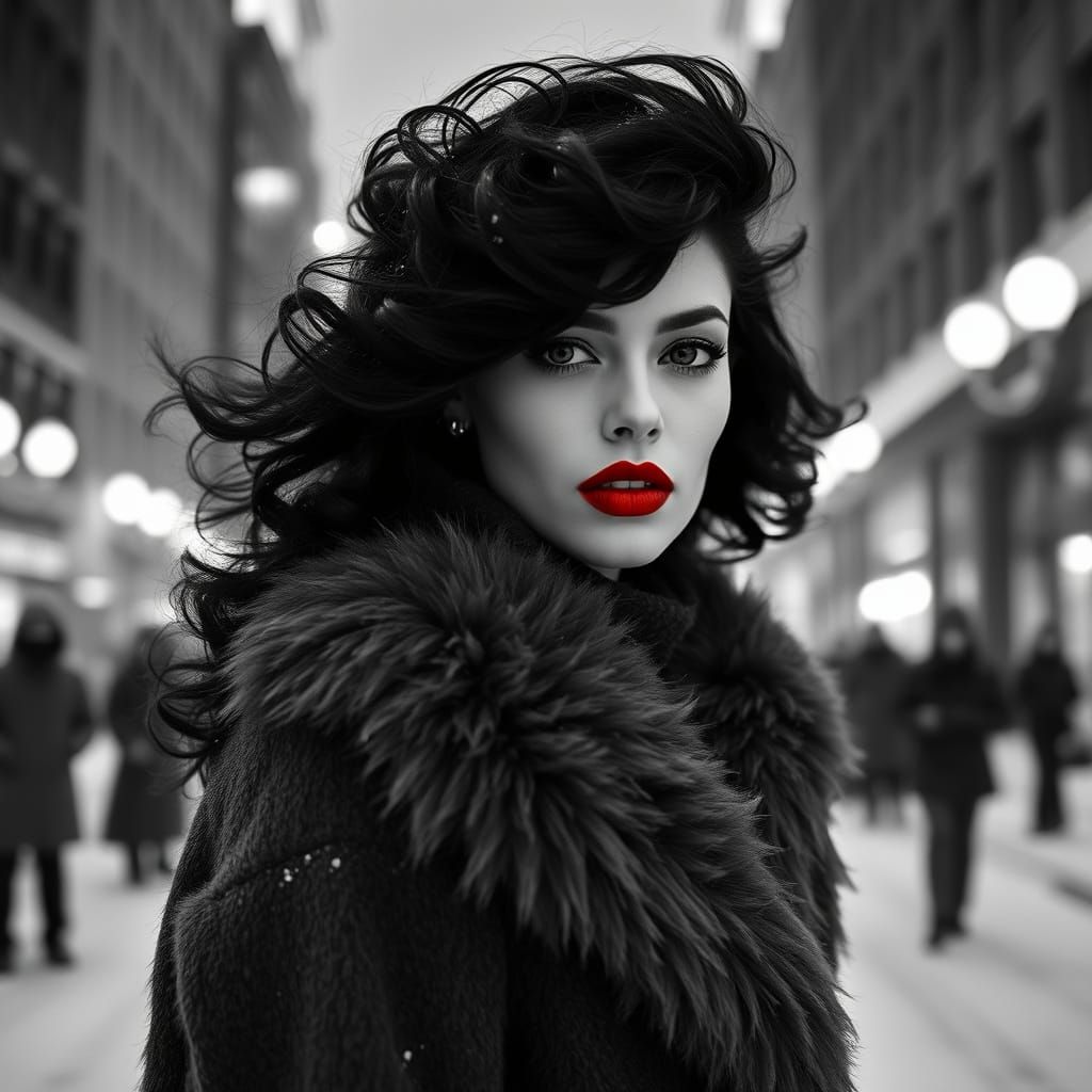 Haute Couture Woman in Dramatic Winter Cityscape