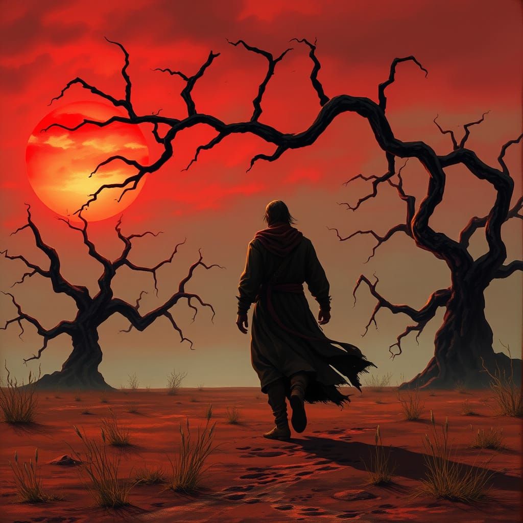 Wanderer Silhouetted on Barren Plain at Sunset