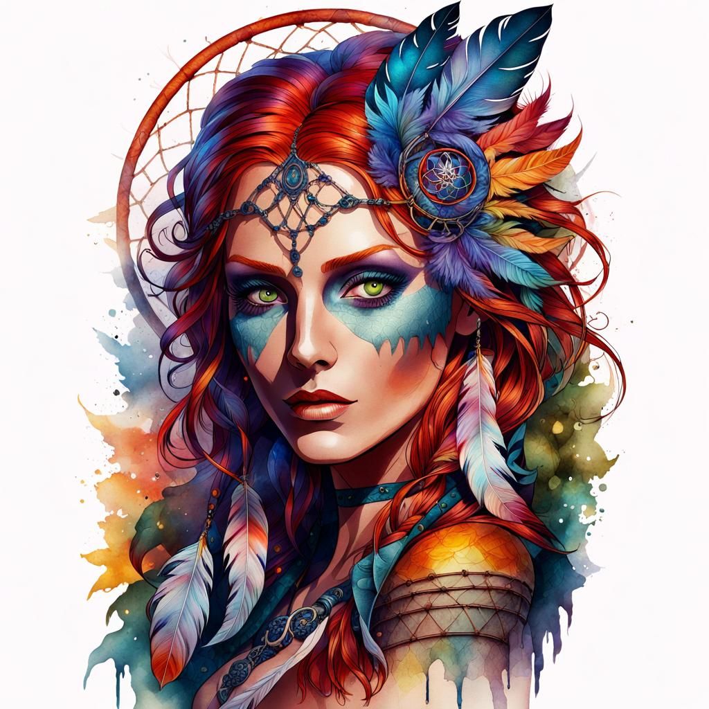 Red-Haired Sorceress Portrait in Mixed Media Style