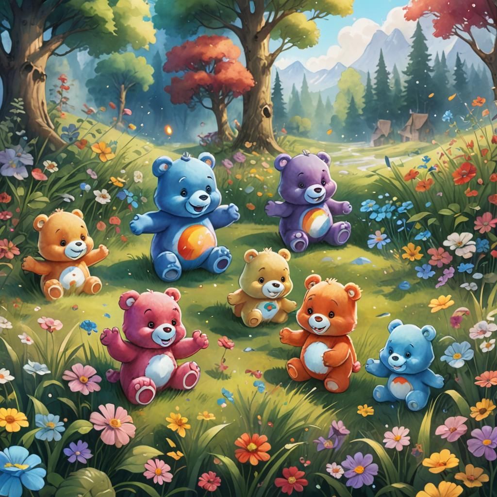 Colorful Care Bears in Watercolor Style