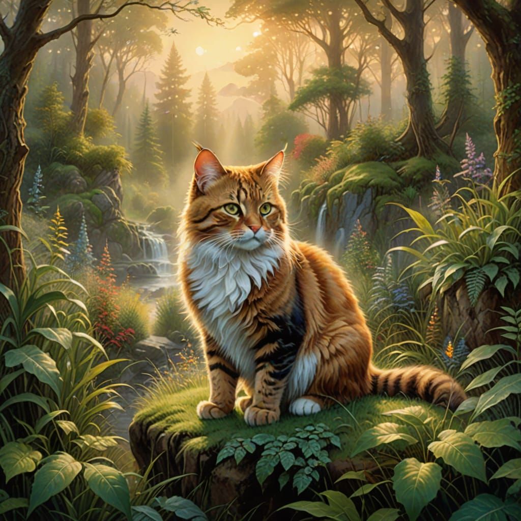 Frontier Cat Exploring Wilderness in Kinkade Style