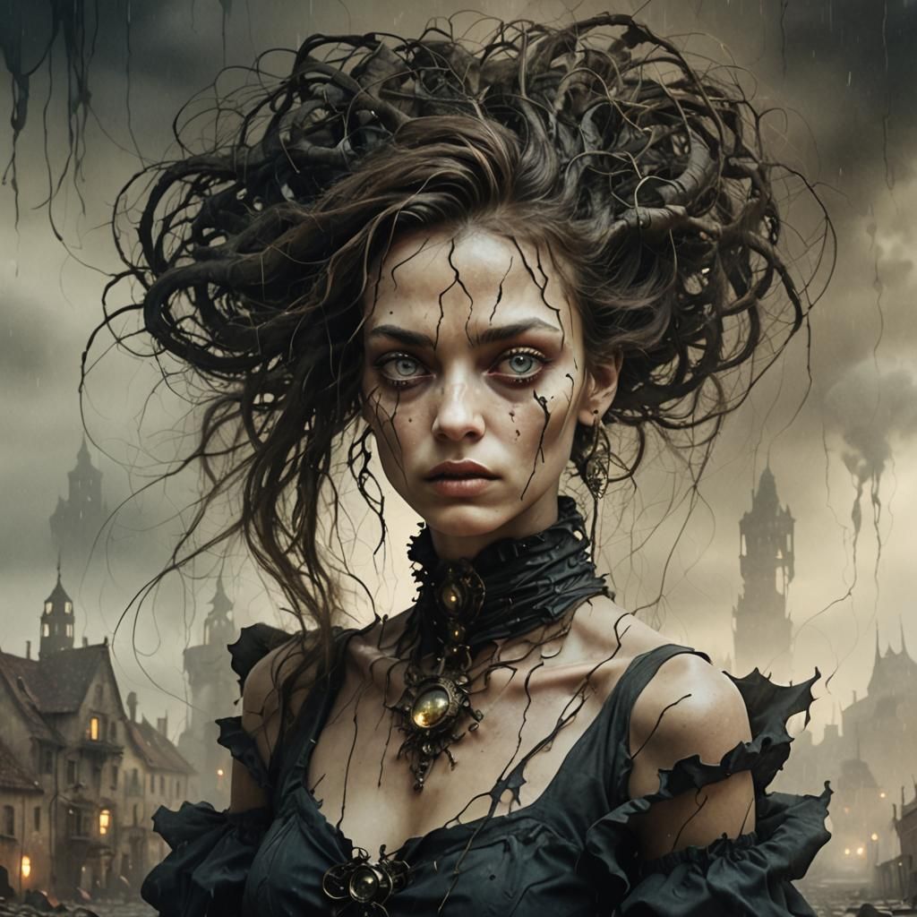 Eerie Surreal Cityscape in Dark Biomechanical Style