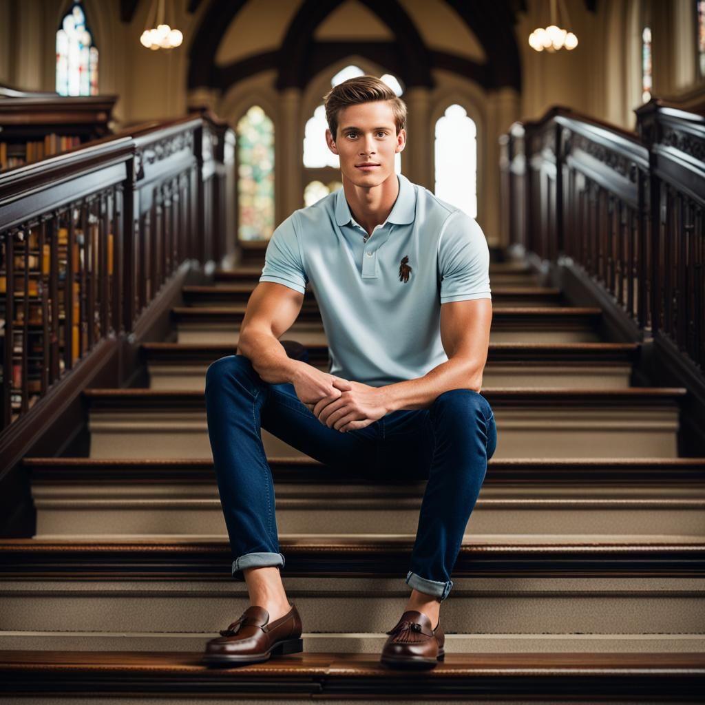 Handsome Preppy Student on Gothic Library Steps