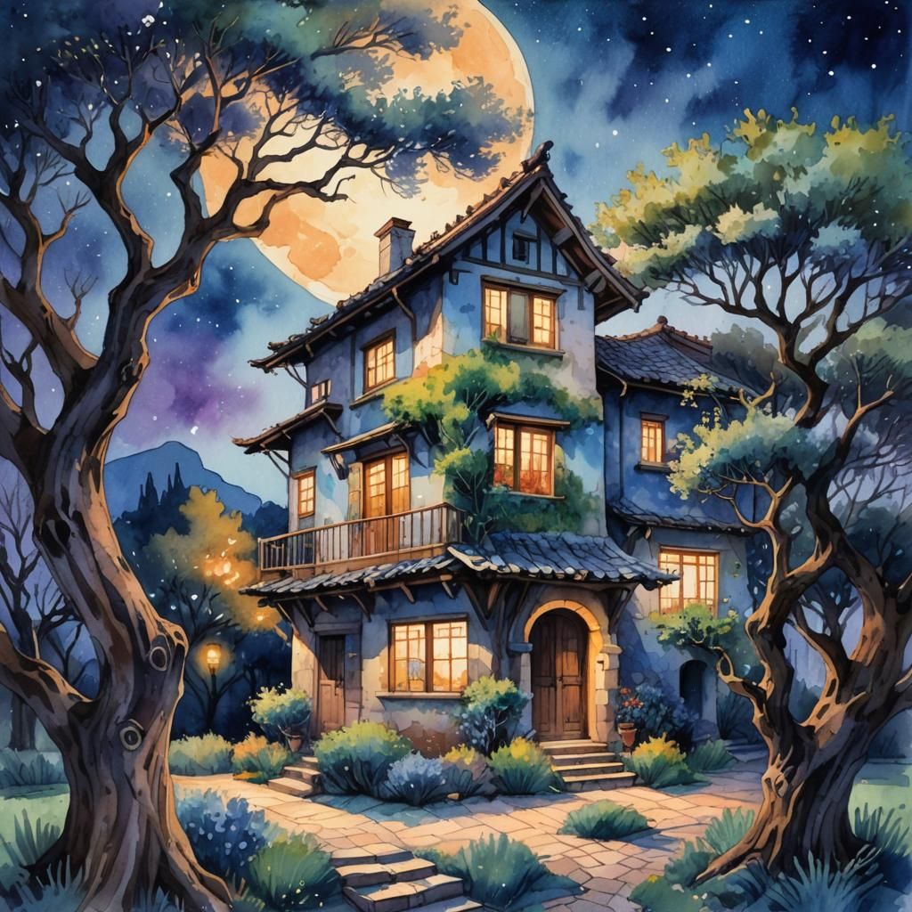 Whimsical Anime Watercolor House in Moonlight