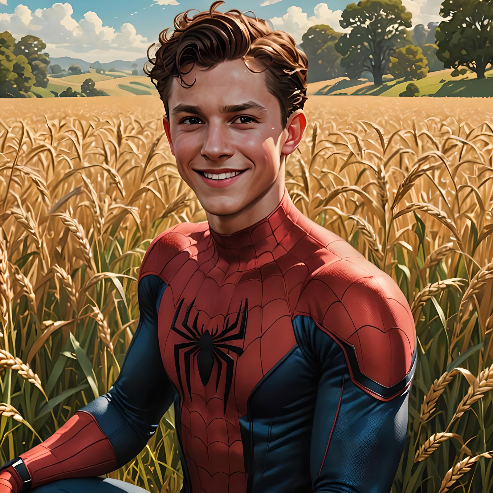 Cartoon Spider-Man Portrait in Oat Field