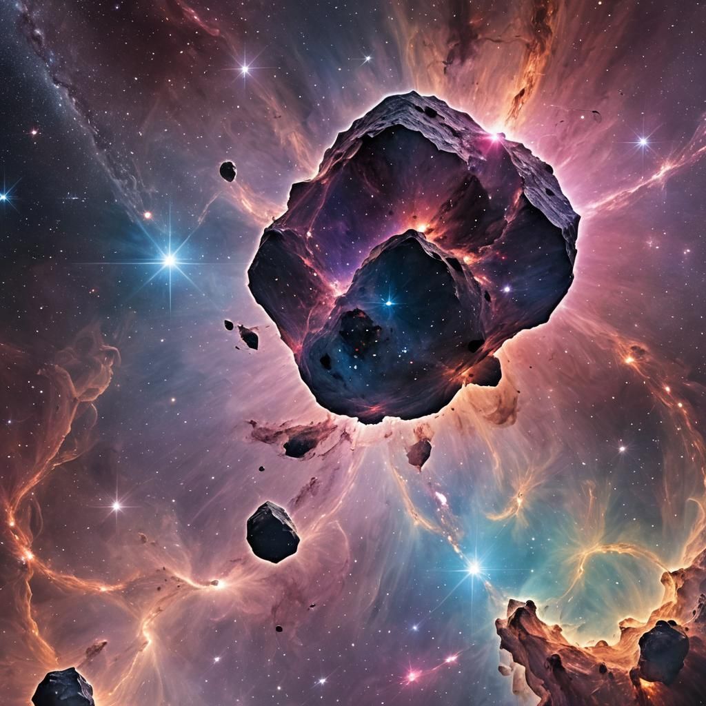 Iridescent Asteroid Apophis Hurtling Through Nebula