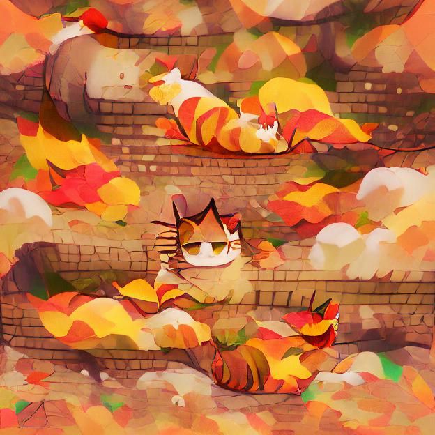 Cat Lounging in Autumn Leaves