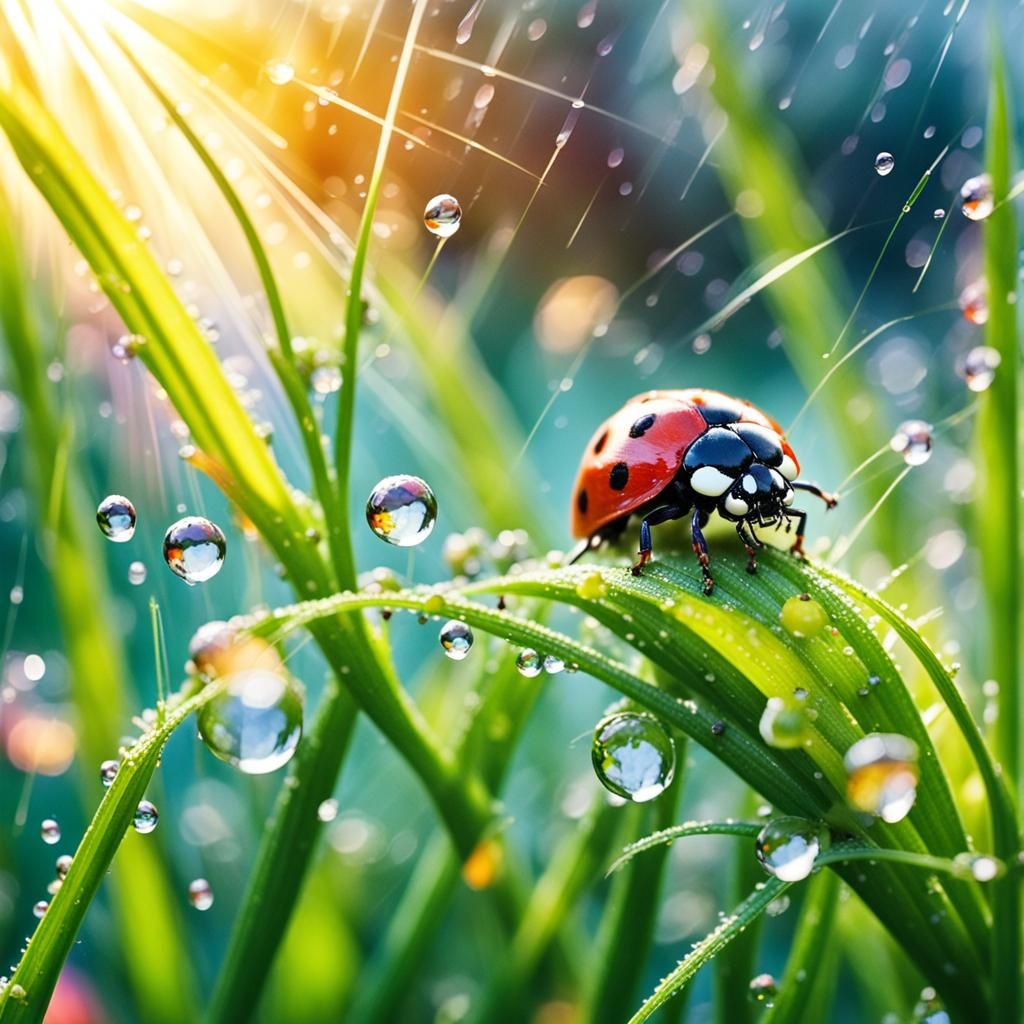 Ladybug Crawling on Grass in Rainy Meadow
