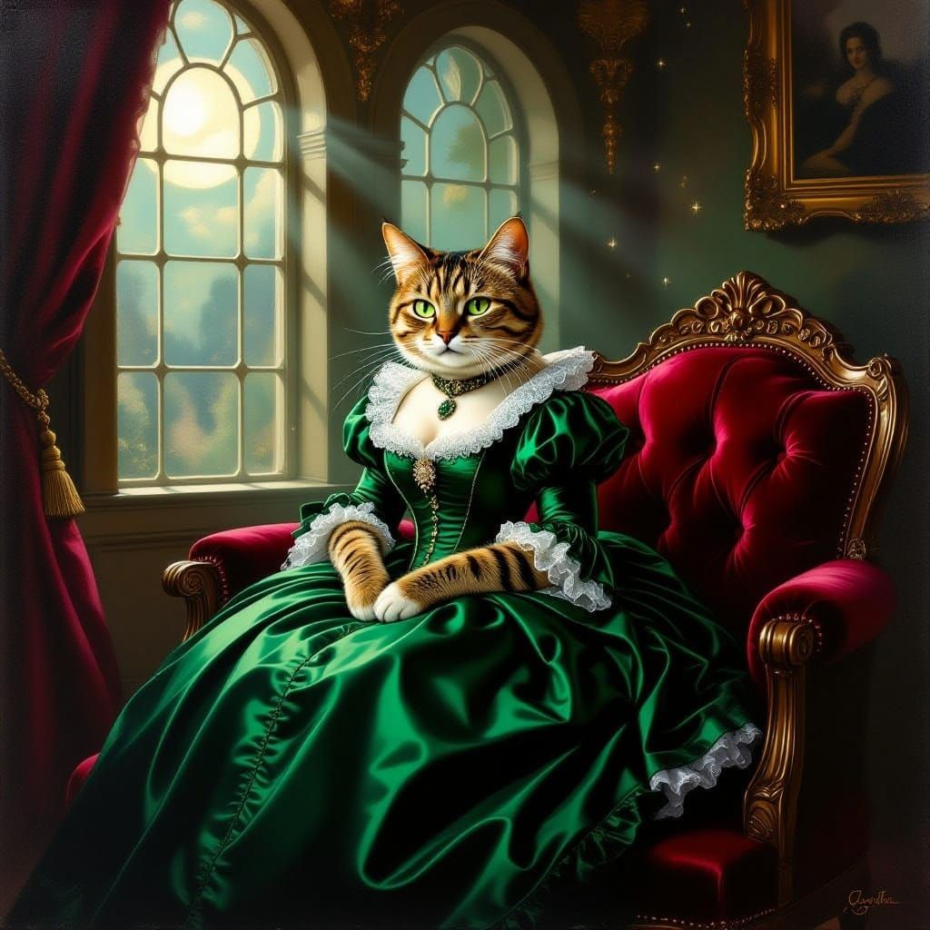 Regal Cat in Victorian Ballgown Sits in Opulent Ballroom