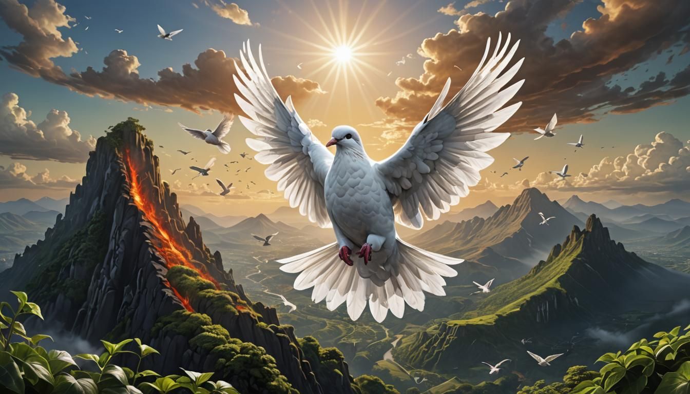 Dove of Peace Flies Over Volcanic Landscape