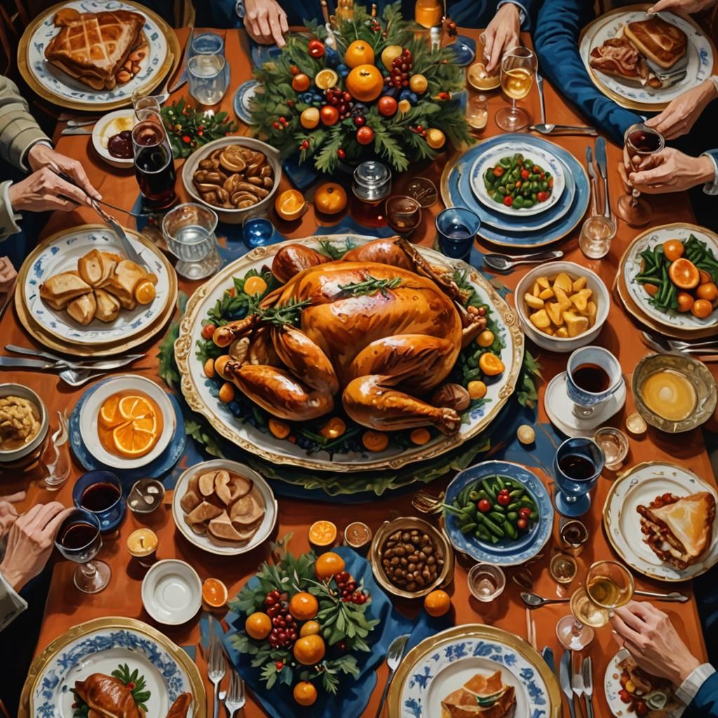 Festive Christmas Dinner Oil Painting in High Detail