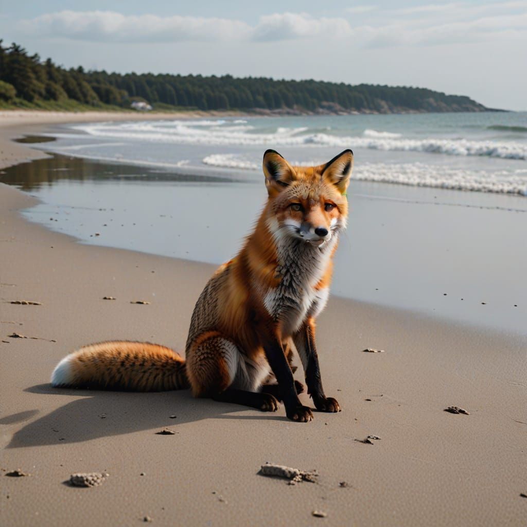 Fox Contemplates the Ocean in Melancholic Beach Scene